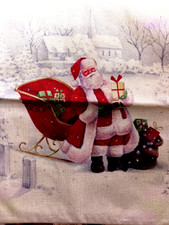 NEW MERRY CRISTMAS LINEN Pillow Case Cover. 17 1/2" sq.w.Zipper.SANTA Sleigh.09