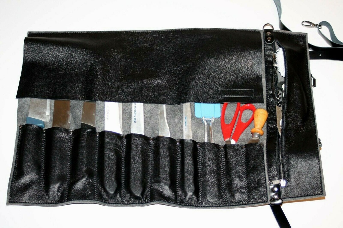 KYOKU Borsa arrotolabile per coltelli da chef, porta coltelli da cucina e portautensili con 10 scomparti e 3 portaposate per set di coltelli da chef, pelle oliata e tela cerata, borsa da