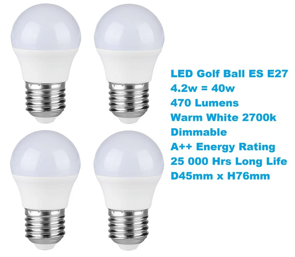 4x LED Golf Ball Light Bulbs Large Screw E27 Lamp 40W Warm White 2700k Dimmable - Image 4 of 4