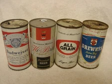 4 DIFF. 12 OZ. FLAT TOP BEER CANS ALL GRAIN -BUDWEISER - HI-BRAU -DREWRYS