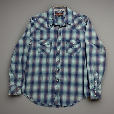 Rock & Roll Cowboy Shirt Mens Large Blue Plaid Pearl Snap Rodeo Cowboy Adult