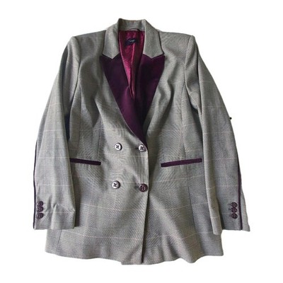 Twiggy M&S Glencheck Zweireiher Blazer Jacke Damen UK 14 Grau Samt