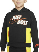 Nike Swoosh Sweater Boys 7 Black Hoodie Just Do It Pullover Sweatshirt New 52