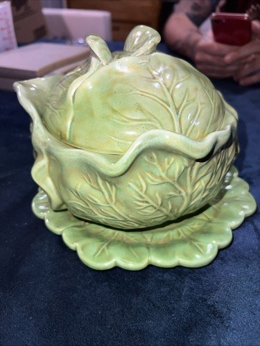 Vtg. Ceramic Holland Mold Green Cabbage Bowl and Plate With Lid - Picture 2 of 21