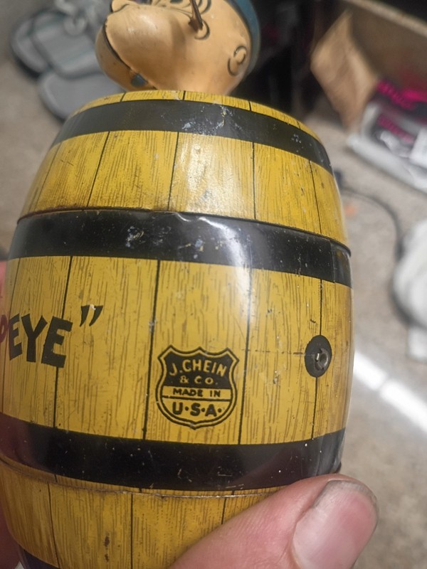 J. Chein & Co. 1930s Popeye in a Barrel Wind-Up Tin Toy