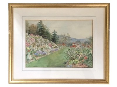 Antikes Aquarell Gemälde Gartenszene von Annie L Pressland 1862-1933