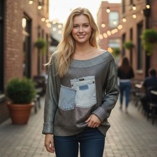 Cornfed Cowgirl Distressed Denim Pocket Patch 3/4 Sleeve Glittery Sweater Med