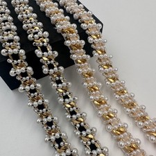 1Yard Pearls Beaded Daimonte Bridal Wedding Applique Trim Edging Costume