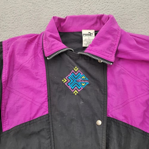 PUMA Jacket Womens Medium Black pink Vintage 80s 90s Stretch Full Zip Aztec - Picture 2 of 16