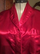 Vintage Premier Intimates L Red Poly/Satin Long Pajama Set Top Pocket Hid Button