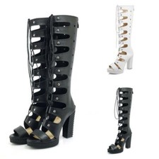 Womens Roman Gladiator Knee High Boots Sandals Block Heel Platform Peep Toe Goth