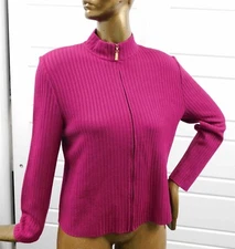 St John Collection Raspberry Ribbed Knit Full Zip Cardigan Sweater USA sz 12