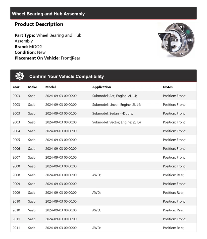 Conjunto de cojinete de rueda y buje Saab 9-3 2003-2011 MOOG 2003 2004 2005 2006 Foto 2 de 4