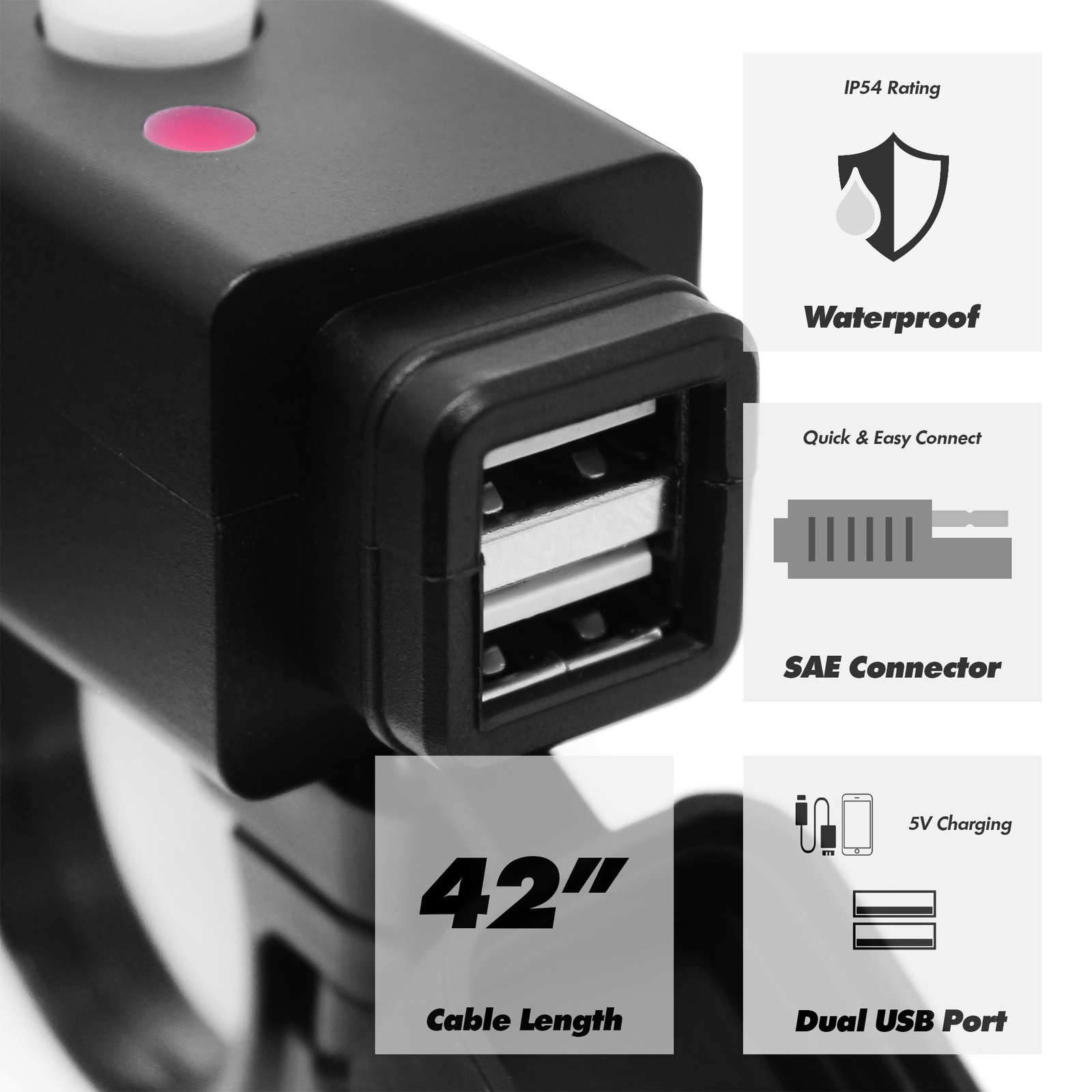Waterproof Charger Adapter SAE to Dual USB Kit Cable Power Switch  