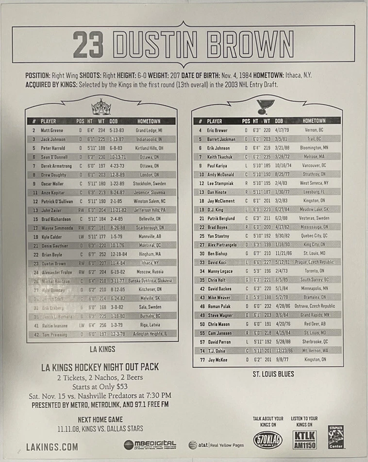 Tarjeta de lista del día del juego con foto de jugador Dustin Brown 2008-2009 LA Kings 8"x10" NHL Foto 2 de 2