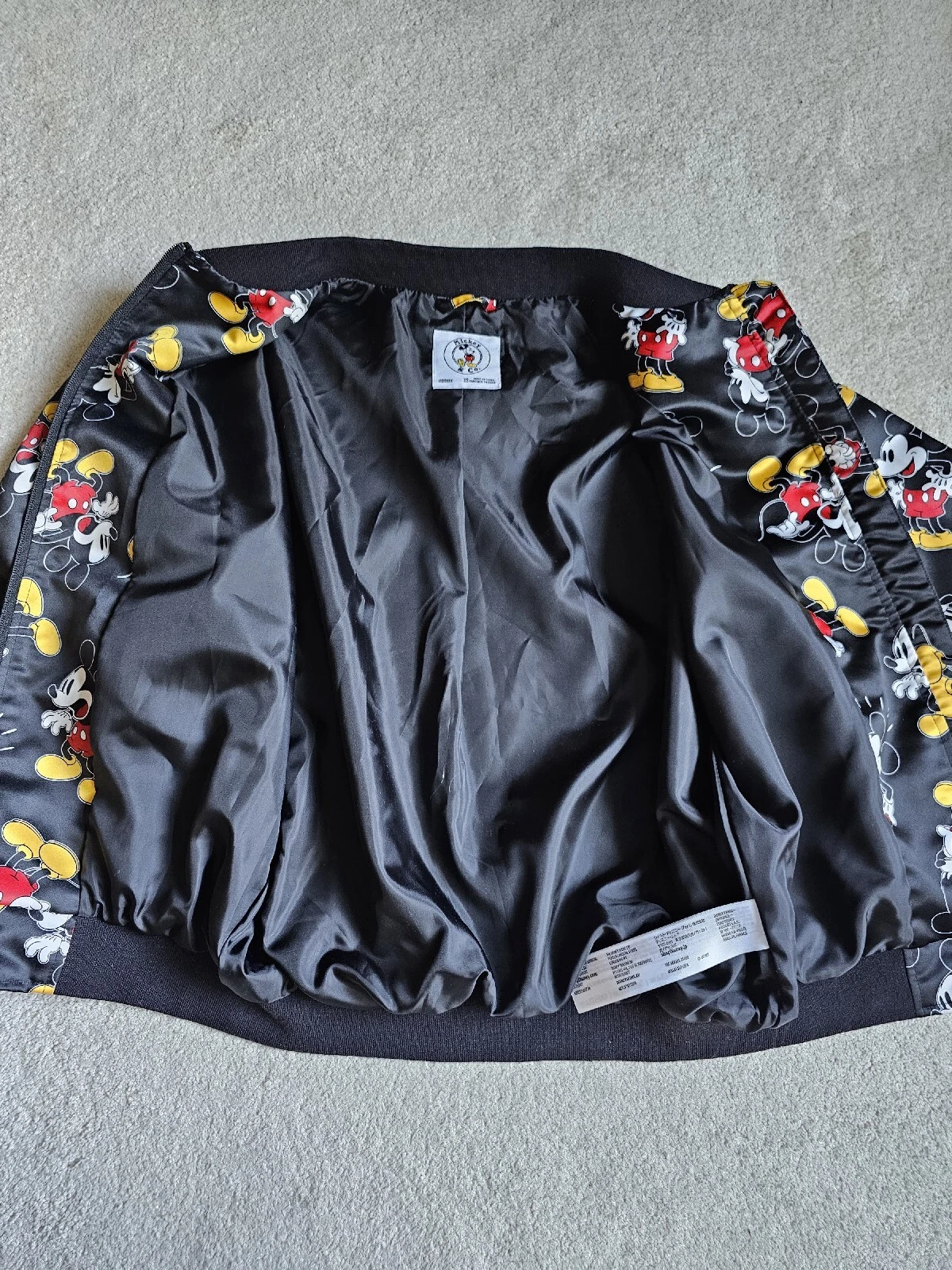Disney Mickey & Co Bomber Jacket XS Mickey Mouse Print Black Oversized Zippered