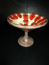 Unique Vintage Mid Century Modern Pedestal Candy Dish Ceramic Art Red Cream Gold