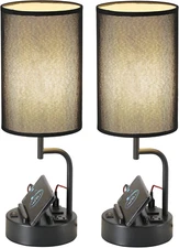 Dreamholder 2-Pack Table Lamp with USB Ports, AC Outlet, Phone Stands, Black