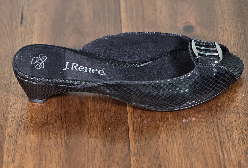 Salto anabela feminino J Renee couro preto mula pele de cobra falsa tamanho 8,5 W - Imagem 3 de 4