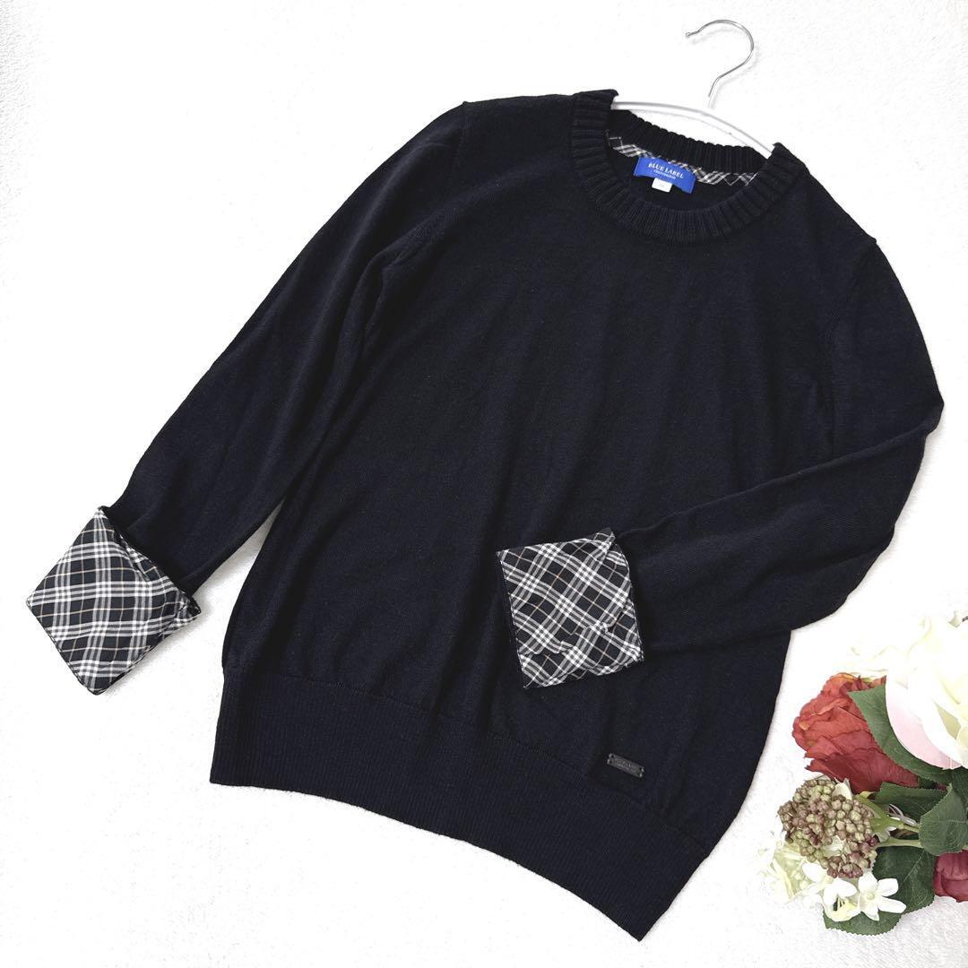 Burberry Blue Label Nova Check Long Sleeve Knit Sweater 100% Wool Black/Grey