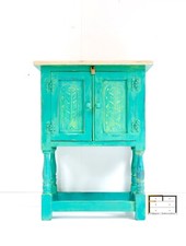 Vintage Oak Pot Cupboard ~ Old Charm Green Yellow Bedside Table  ~ Pink Interior