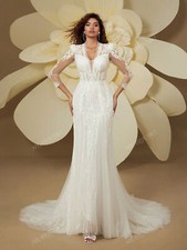 Vintage Beaded V-Neck Long Sleeve Lace Embroidered Mermaid Wedding Dress