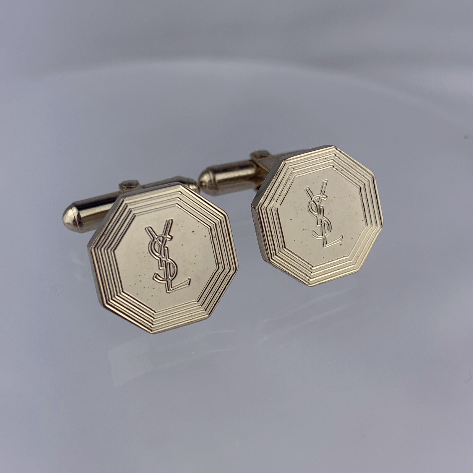 Yves Saint Laurent Cufflinks Gold Tone YSL Logo Octagon Polished