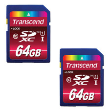 Two Transcend 64GB SDXC Class 10 UHS-1 Flash Memory Cards Up to 60MB/s TS64GSDU1