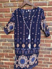 Halife Dress Women's Medium Blue Multi Print Boho Tassel Tie Casual Pullover