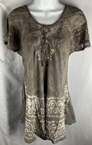 Sakkas Women’s OS Gray Boho Tunic Top Sequin Peasant Blouse Hippie Festival