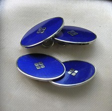 FABUOUS OVAL SILVER FINISH NAVY BLUE ENAMEL CHAIN LINK CUFFLINKS - VGC