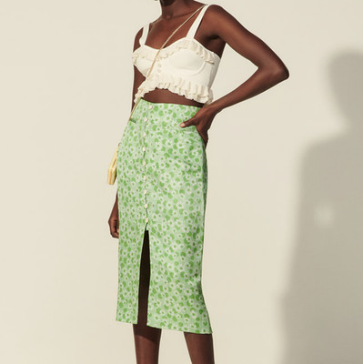 Sandro Paris Womens Midi Skirt Silk Linen Green Floral Size 0 34 XS New Luxury Boho