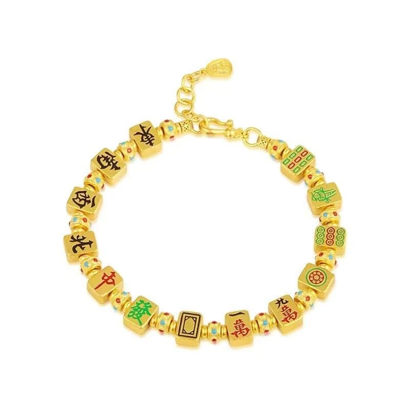 Chinese Mahjong Tile Gold Bracelet with Colorful Enamel Accents
