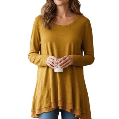 LOGO Lounge Mustard Pocket Tunic Women's Large Chiffon Hem LagenlookTiered Top 
