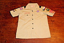 Boy Scouts of America BSA Women's Shirt Tan Medium 10-12 Sewn Patches