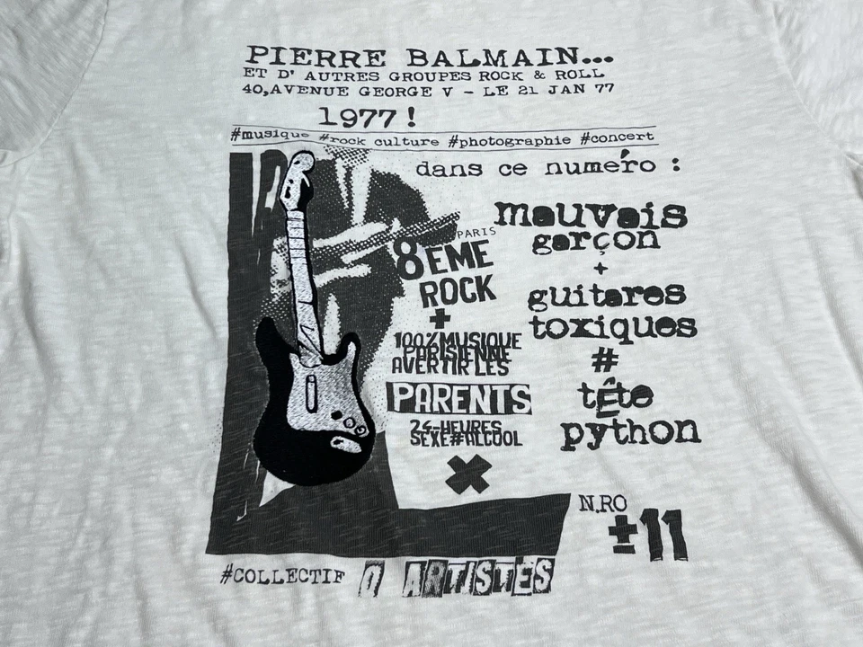 Camiseta gráfica Balmain Paris Guitar Rock Music Designer adulto talla 50 blanca Foto 3 de 4