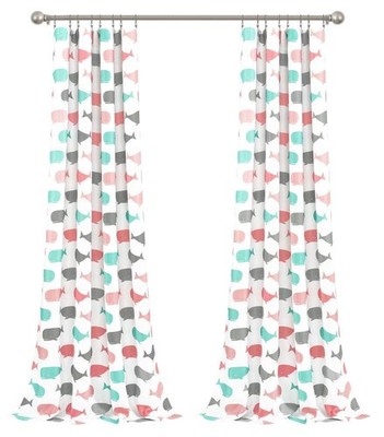 Pink and Aqua Whale Curtains-Animal Ocean Print Design Light Filtering Window...