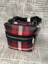 Giani Bernini Vertical Plaid Small Dasher Crossbody Red Plaid Silver