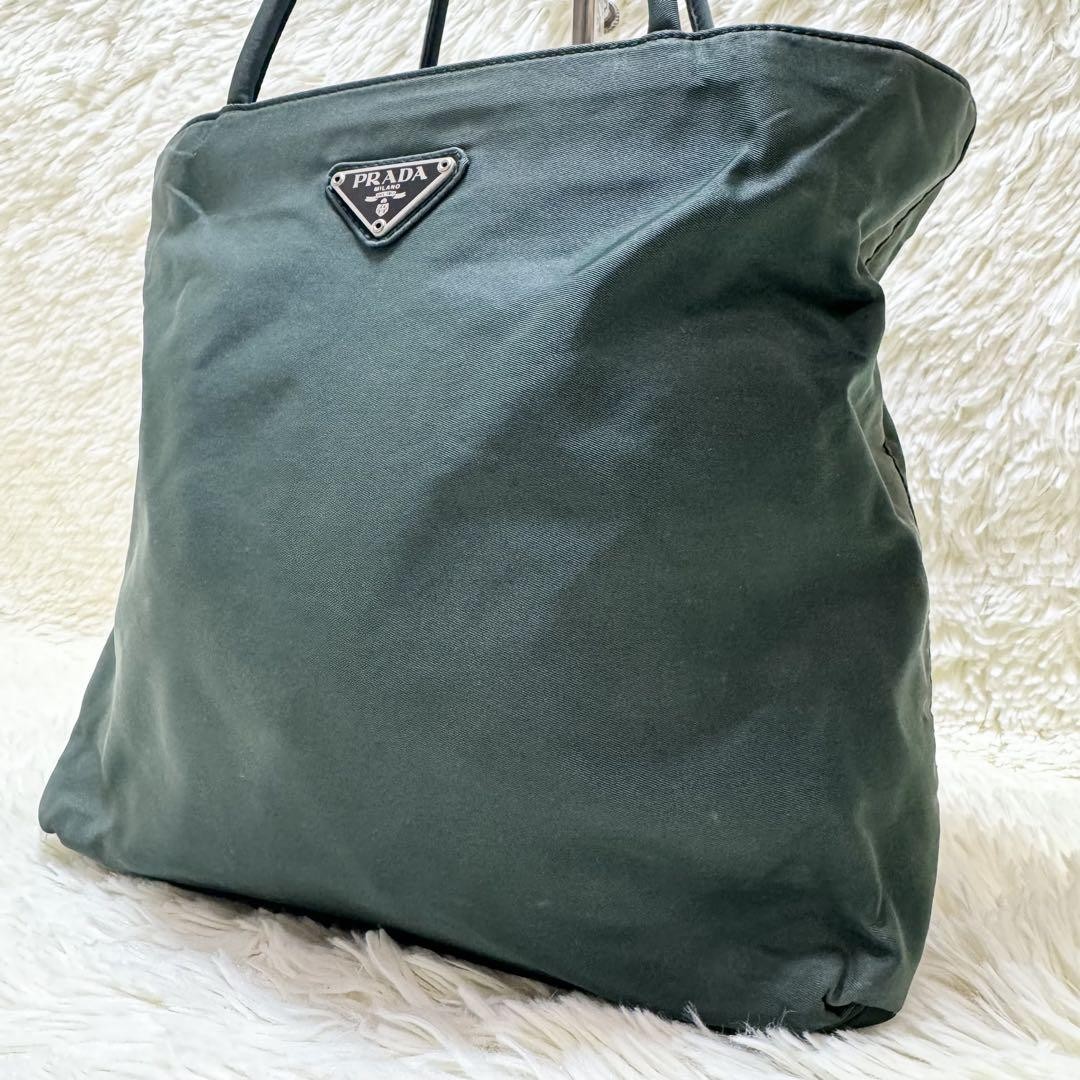 Prada Nylon Triangle Logo Tote Bag in Green Excellent Condition