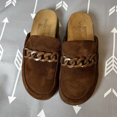 Vionic Georgie Mules Brown Suede with Chain Detail Slide Shoes Women's Sz 7.5