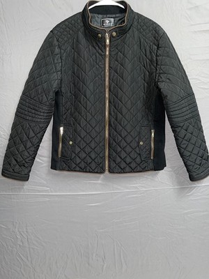 NE People Quilted Jacket Mens Black Lined Ribbed Detail Mock Neck Full Zip