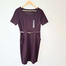 David Emanuel Dark Purple Belted Short Sleeve Evening Midi Dress Size 14 Bnwt