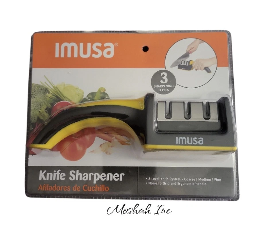 IMUSA Knife Sharpener, 3-Stage Manual Kitchen and Pocket Knife Sharpener