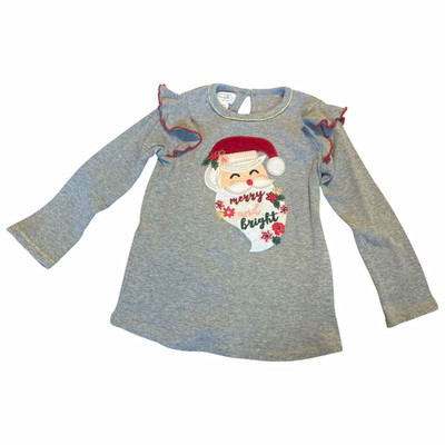 Mud Pie Girls 2T Gray Long Sleeve Pullover Top Cotton Knit Santa Christmas