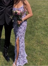 Lavender Lace Beaded Floral Prom Dress with Lace Up Back and Side Slit