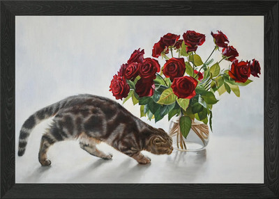 Katze und Rosen Stillleben Gemälde gerahmt Wandbild Poster Leinwanddruck Bild