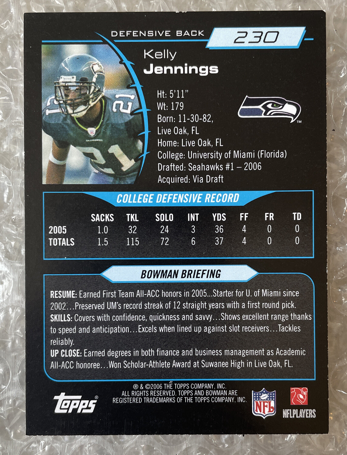 2006 Bowman #230 Kelly Jennings ROOKIE CARD - Picture 2 of 2