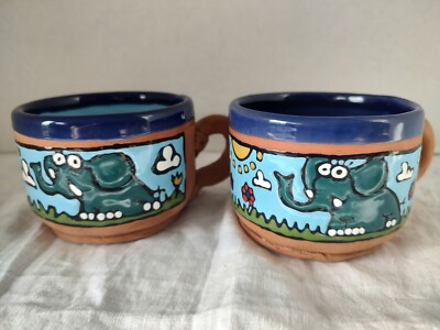 Elephant Coffee Mugs Colorful Clay Art Pottery Cute Unique 8oz