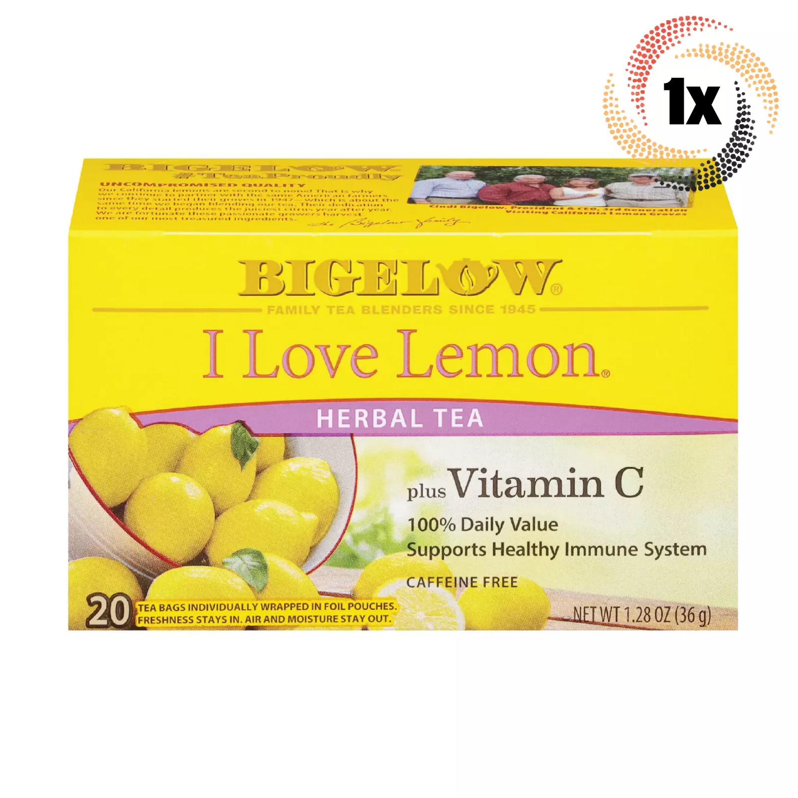 1x Коробка травяного чая Bigelow I Love с лимоном и витамином С | 20 пакетиков в коробке | 1,28 унции