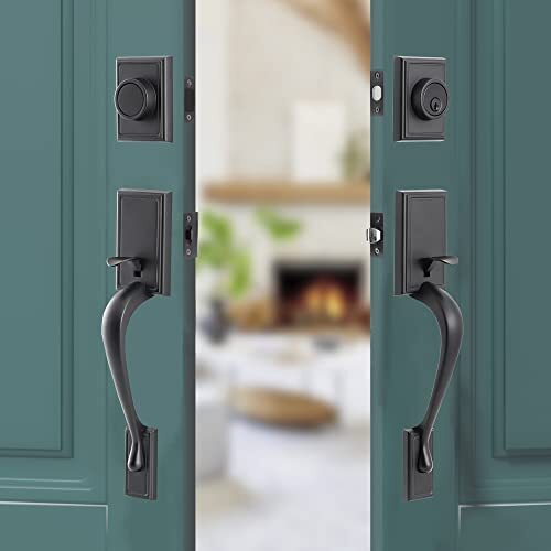 NeuType Matte Black Front Door Handle Set - Double Door Handle With Deadbolt & Dummy, Adjustable Latch